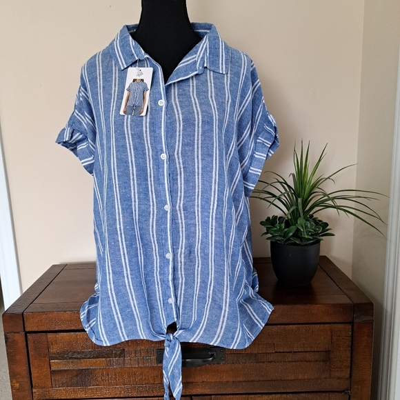 ❤️ NWT Jachs Girlfriend Short Sleeved Linen Blend Blouse XXL Striped Lightwe… - Picture 4 of 14